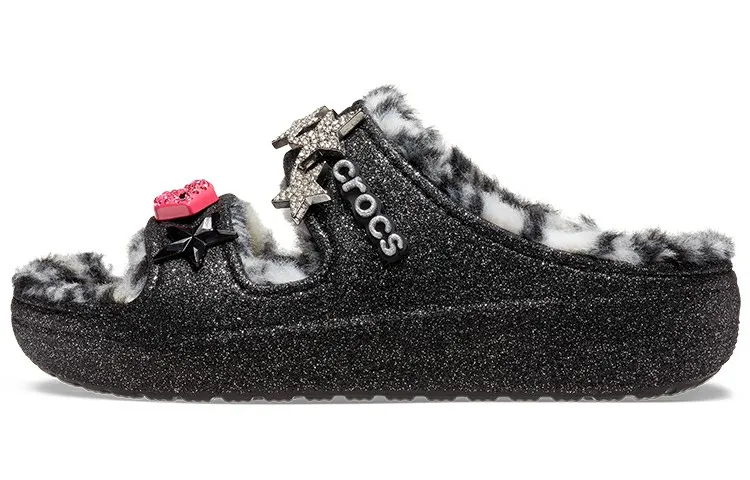 Crocs Classic Cozzzy Disco Glitter Sandals 'Black' Women's