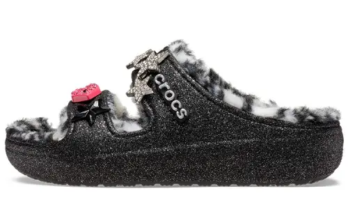 Crocs Classic Cozzzy Disco Glitter Sandals 'Black' Women's