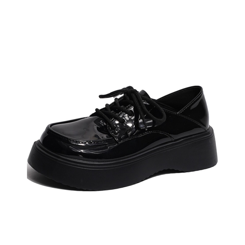 SHUXI Shuxi PU British style small leather shoes, retro round toe, comfortable and versatile, lace-up, two-wear, shiny and easy to care for, Japanese style, small, non-slip and wear-resistant, college style JK lace-up, thick sole, non-slip, loafers, 4.5cm, women's black
