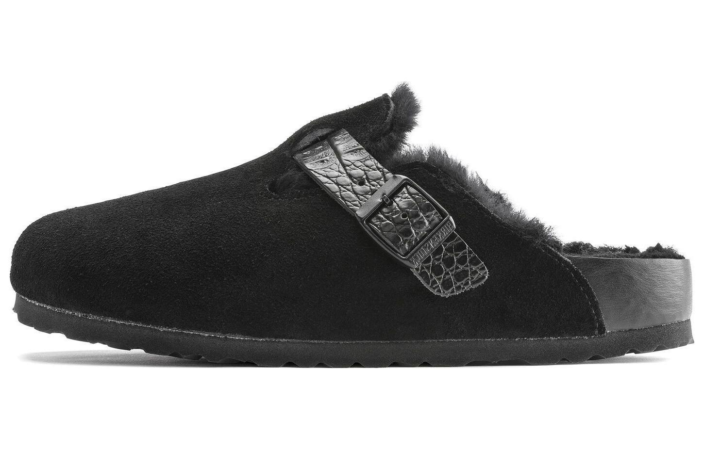 Birkenstock Boston Shearling Suede Reptile Embossed Strap Black
