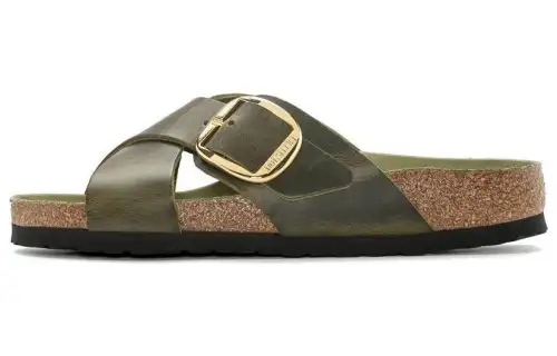 Birkenstock Leather Slide Slippers Women's Olive Green Narrow