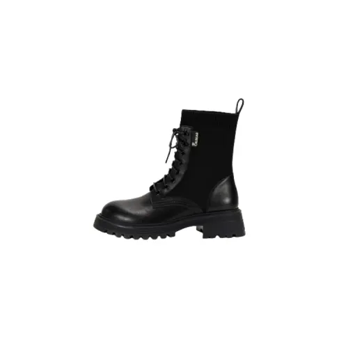 Teenie Weenie Cow Leather Short Combat Boots Women's Black