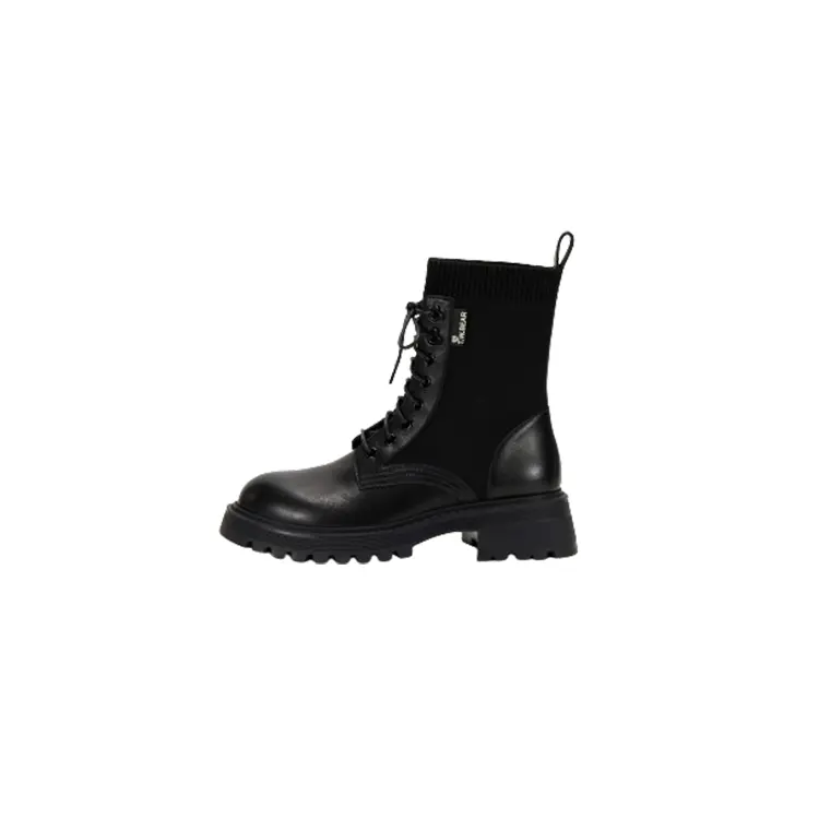 Teenie Weenie Cow Leather Short Combat Boots Women's Black