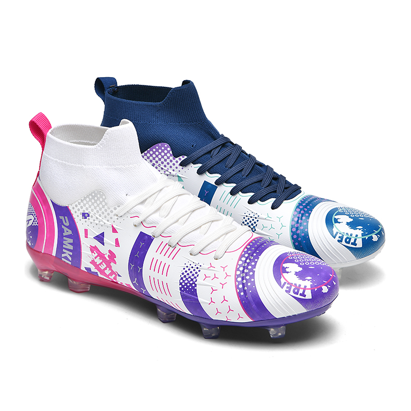 PANKE Soccer Shoes Unisex High Top Mismatched White Dark Blue+White Purple Rose