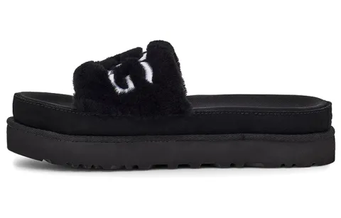 UGG Laton Fur Slide Black Slippers Women's