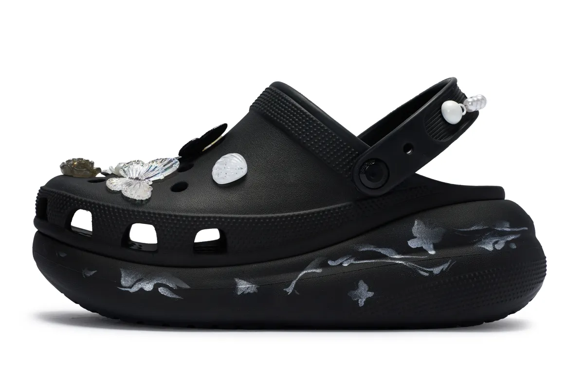Crocs 811 Manufacturing, Dark Vein Butterfly Classic Crush Clogs Unisex Black