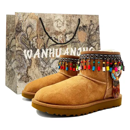 UGG CLASSIC MINI Kaleidoscope Shopping Bag Plush, Ethnic Style Fringe, Fleece Lined Thermal, Versatile Short Snow Boots