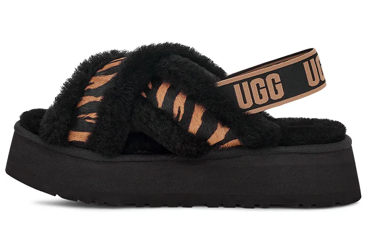 UGG DISCO Cross Slide Tiger Print Cow Split Leather Slippers Women's Brown