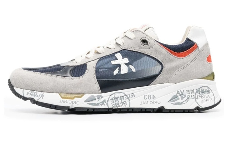 PREMIATA Textile, Leather Patchwork Breathable And Wear resistant Low top Casual Shoes Men's Gray Blue