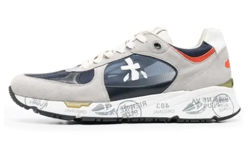 PREMIATA Textile, Leather Patchwork Breathable And Wear resistant Low top Casual Shoes Men's Gray Blue