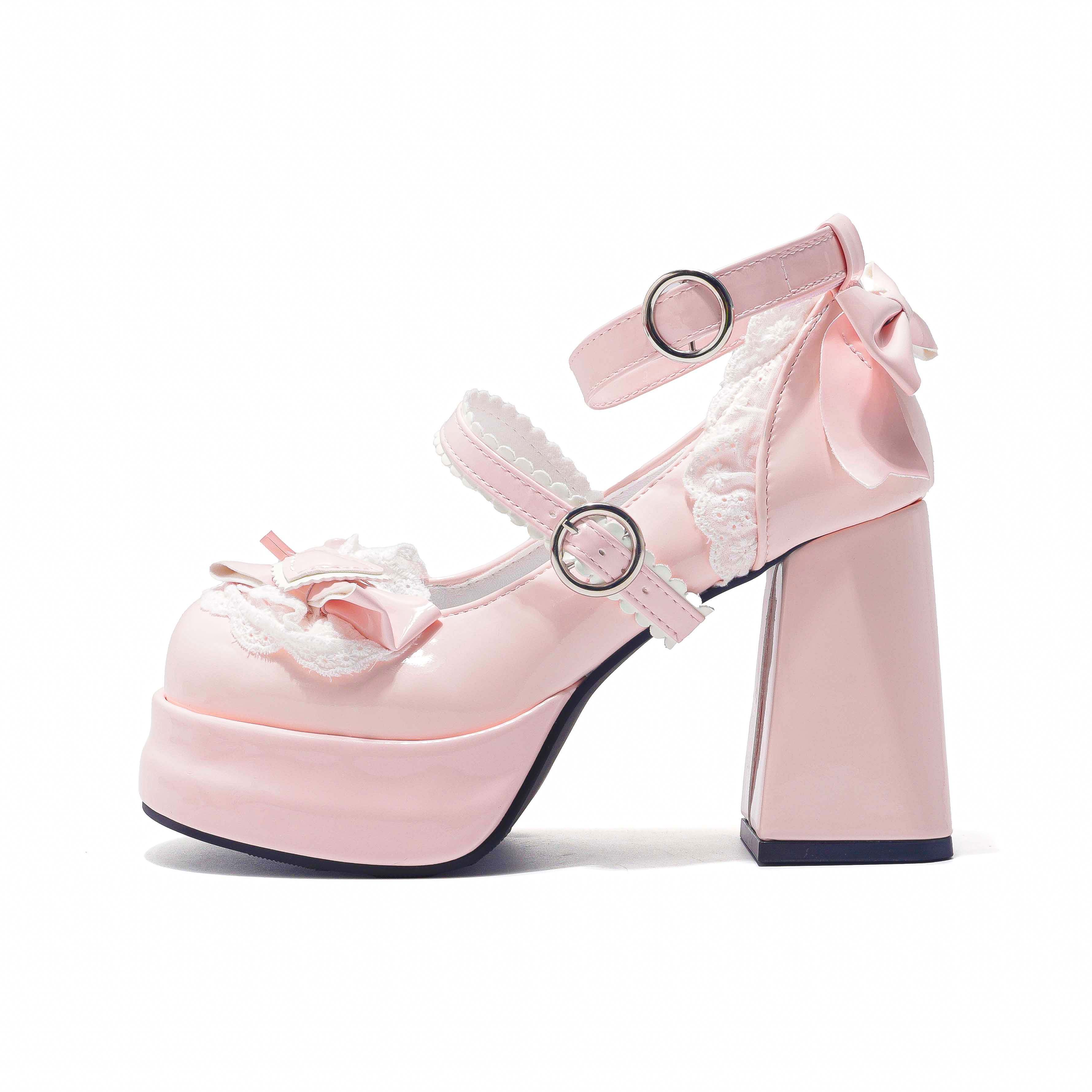 Dangliang PU bow cute and sweet elegant and fashionable casual and versatile thick heel Mary Jane shoes 10cm women gift box