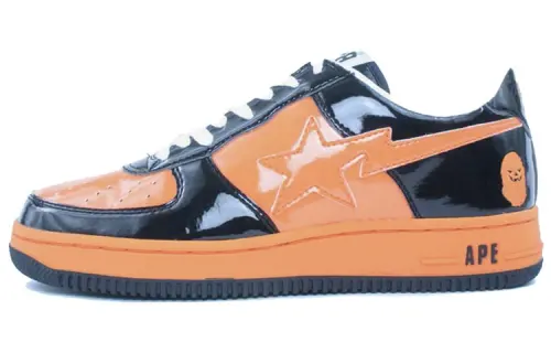 A BATHING APE Patent Leather Abrasion Resistant Low top Skateboard Shoes Men's Orange Black