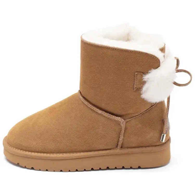AGSDON Cow Suede Thermal Round Tip Fleece Lined Comfortable Cute Back Lace Up 15.5cm Snow Boots 3cm Women's