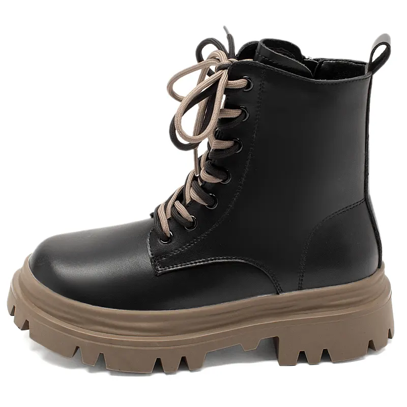 AGSDON Cow Split Leather Fashion Classic Side Zipper Fleece Lined Combat Boots 5CM Women's