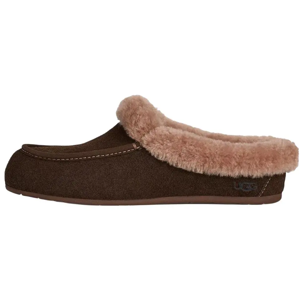 UGG ANSLEY Fashion Slip on Fleece Lined Mules Rubber Sole Abrasion Resistant Closed Toe Slippers Women's Brown