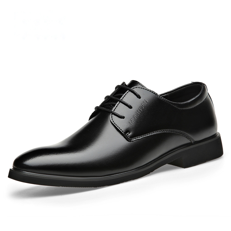 Mulinsen Classic Fashion British Style Pointed Toe Lace Up Soft Sole Comfortable Trendy Versatile Commuting Work Wedding Groomsmen Shoes Formal Leather Shoes Men's Black