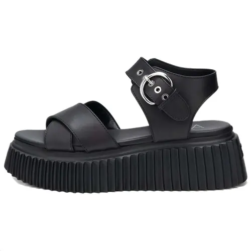 AGL Cow Leather Comfortable One Strap Sandals Women's Black