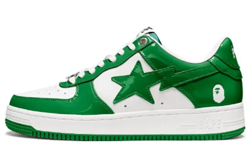 A BATHING APE STA Low Patent Leather, Leather Stylish Skateboarding Shoes Men's White Green