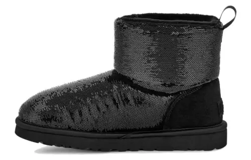 UGG Sequined leather round toe flat heel sleeve short tube snow boots women's black