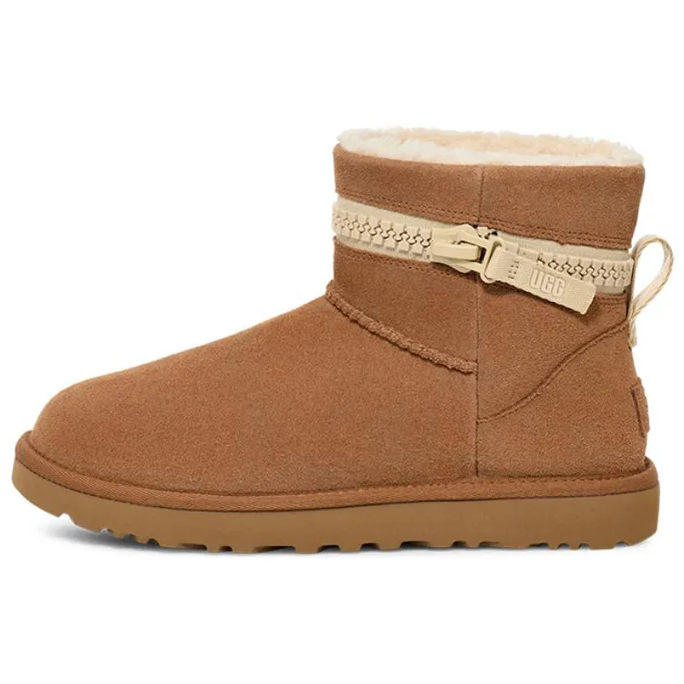 UGG Cow Split Leather Comfortable Zipper, Fleece Lined Short Snow Boots Women's Chestnut