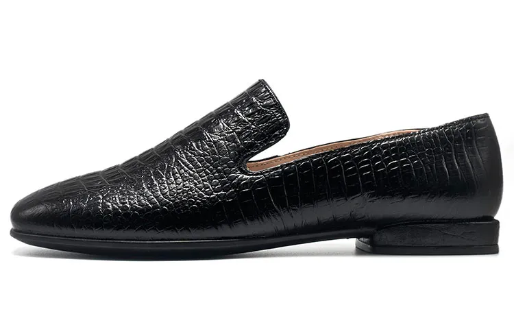 Ecco Annie Series Cow Leather Crocodile Pattern Flat Loafers Women's Black