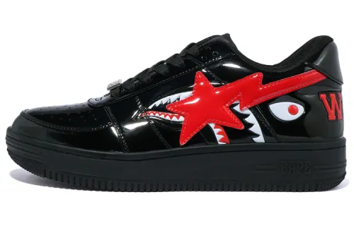A BATHING APE STA Low Leather Stylish Skateboarding Shoes Women's Black Red
