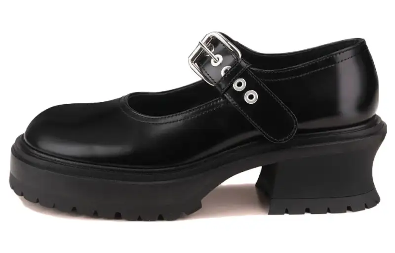 AGL Leather Chunky Heel Mary Jane Shoes Women's Black