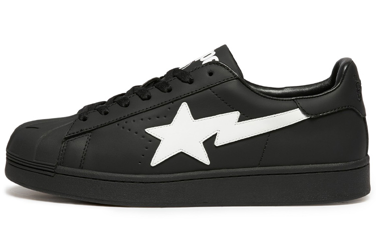 A BATHING APE Skull STA Leather Low top Stylish Skateboarding Shoes Men's Black White