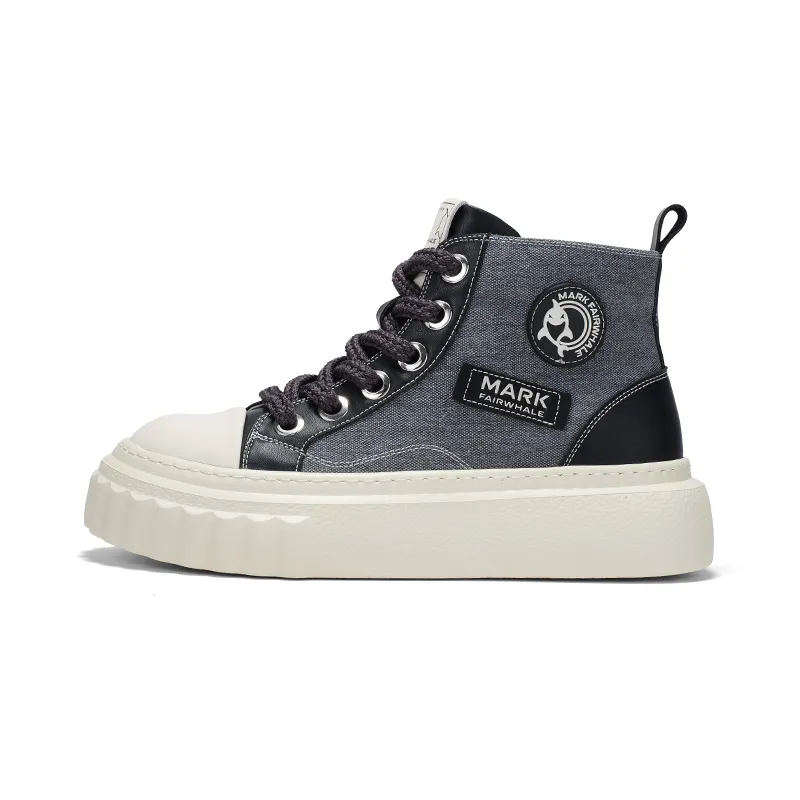 Mark Hua Fei FAIRWHALE Graduation season, comfortable and versatile, fashionable, simple, casual, lightweight, breathable, anti-slip, anti-odor, shock-absorbing, wear-resistant, daily commuting, thick soles, heightening, cycling sports, high-top canvas shoes, men's style, cinder black/mint mambo green