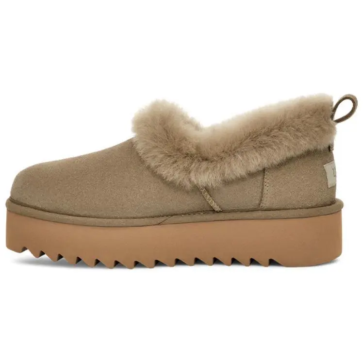 UGG Cow Split Leather Fluffy Platform Casual Fleece Lined Snow Boots Women's Antelope Brown