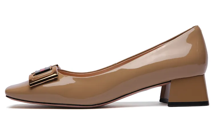 PACO GIL Cow Leather Block Heel High Heels 3.5cm Women's Apricot
