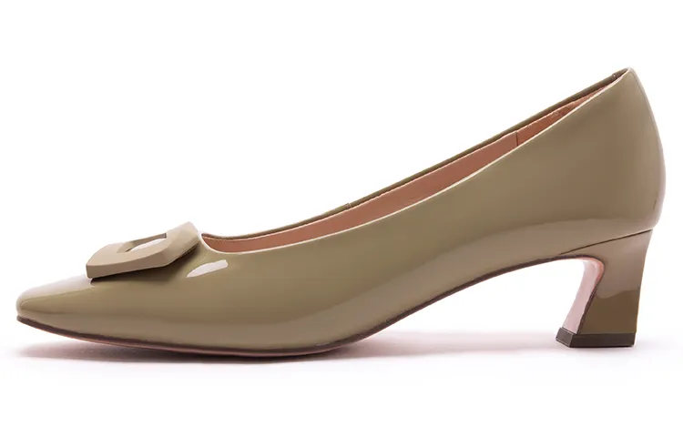 PACO GIL Cow Leather Chunky Heel High Heels 5CM Women's Khaki