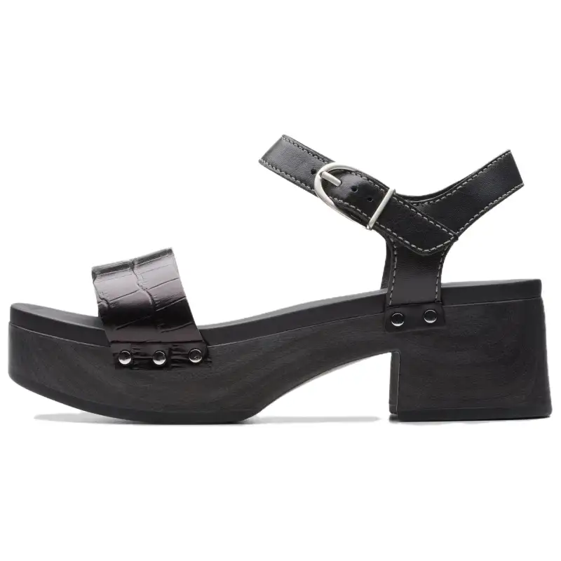 Clarks Sivanne Bay Black Interest Leather One Strap Sandals 6CM Women's Black