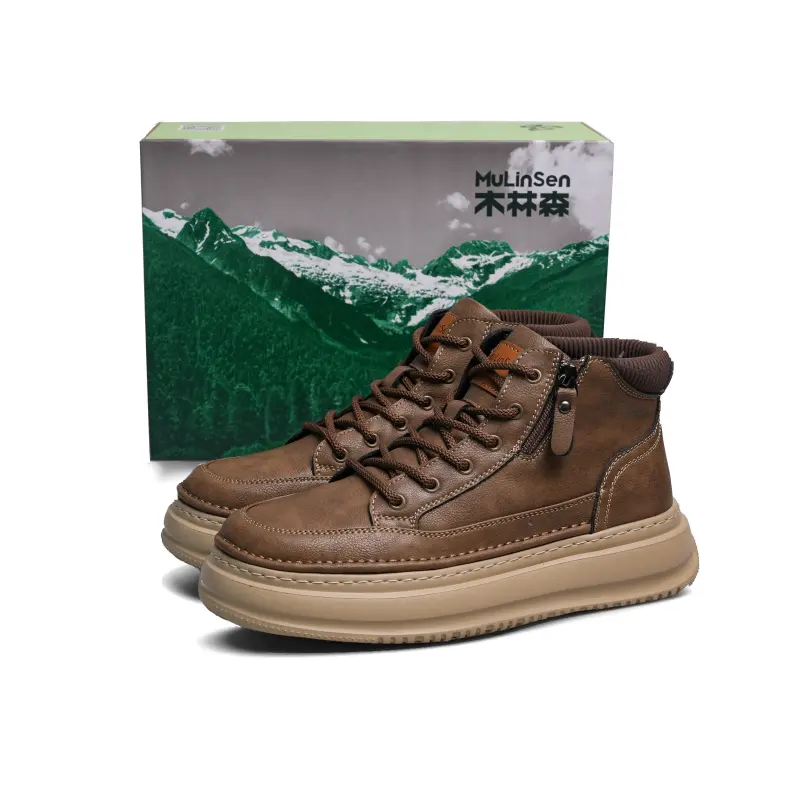Mulinsen Velvet Invisible Height Increase Fashion Versatile Trendy Retro Maillard Workwear Martin Short Boots Anti-slip Wear-Resistant Warm Mid-top Life Casual Shoes Men's