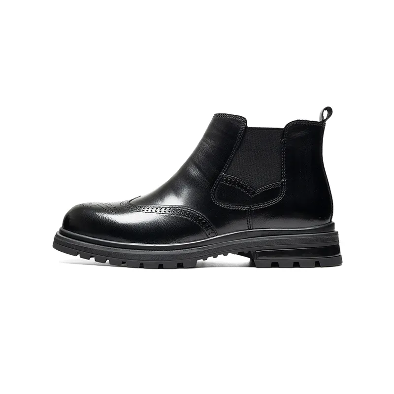 HARSON Cow Leather Brogue, British Distressed Vintage, Comfortable, Fleece Lined Chelsea Boots Men's Black