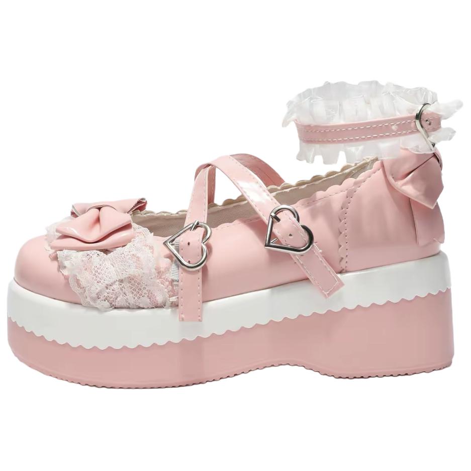 LXVB PU cute style Japanese sweet hollow print bow Lolita girl soft girl uniform JK lace bow design versatile skirt thick sole heightening Mary Jane shoes women's style