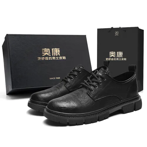 AOKANG retro round toe, classic and versatile, increased height for business commuting, trendy hot style, fashionable and casual, formal leather shoes, men's style, black