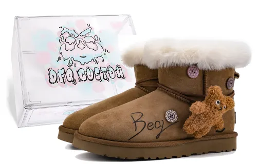 UGG CLASSIC MINI Da Vinci Custom, Box BEAR Thermal Short Snow Boots Women's Brown