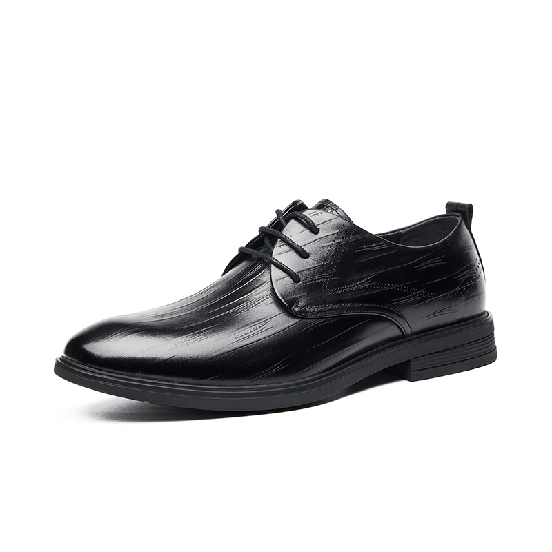 AOKANG first-layer cowhide fashionable business soft sole embossed British style lace-up formal leather shoes men's black