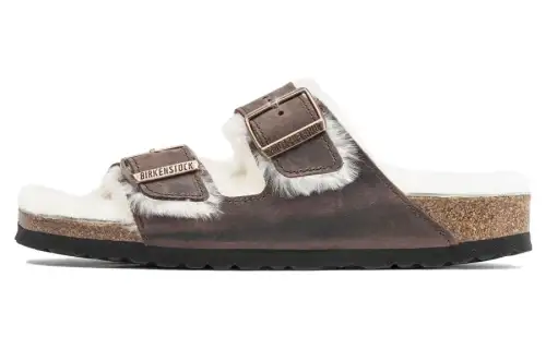 Birkenstock Arizona Shearling Waxy Leather Narrow Fit Sandals 'Oiled Habana'