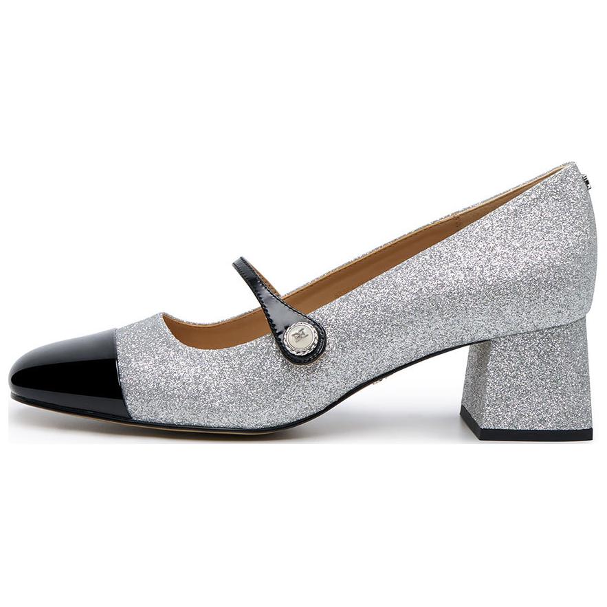 SAM EDELMAN Leather Chunky Heel Mary Jane Shoes 5CM Women's Silver Black