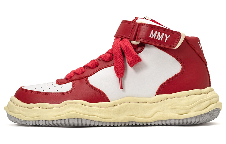 MIHARA YASUHIRO Wayne Cow Leather, Leather High top Skateboard Shoes Unisex White Red