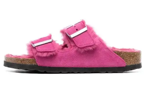 Birkenstock Arizona Shearling Suede Leather Narrow Fit Sandals 'Fuchsia Tulip' Women's