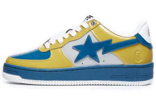 A BATHING APE Bape STA Patent Leather Stylish Skateboarding Shoes Women's White Blue Yellow