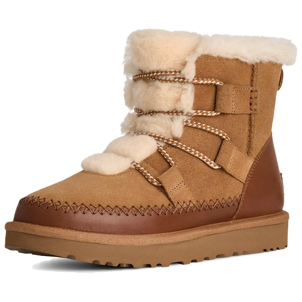 UGG Classic Novelty Cow Split Leather Fleece Lined, Round Tip Platform Short Snow Boots Women's Chestnut