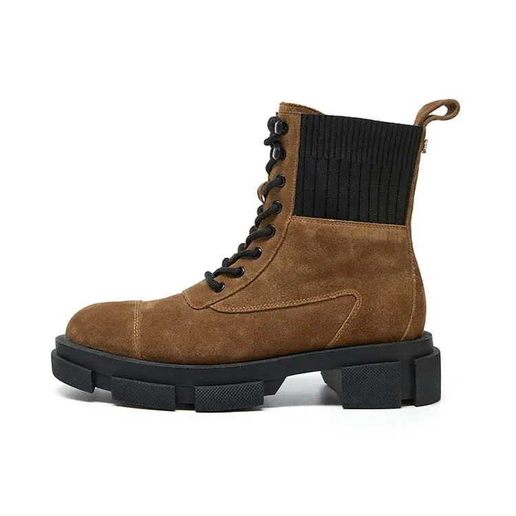 Marie Claire Cow Split Leather Short Combat Boots 5cm Women's Caramel Brown