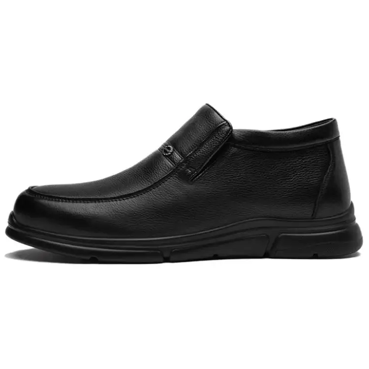 AOKANG cow leather, winter travel, plus velvet to keep warm and cold, business classic British style, fashionable and versatile for workplace commuting, soft-soled slip-on cotton shoes, middle-aged dad shoes, wedding shoes, formal leather shoes, men's black