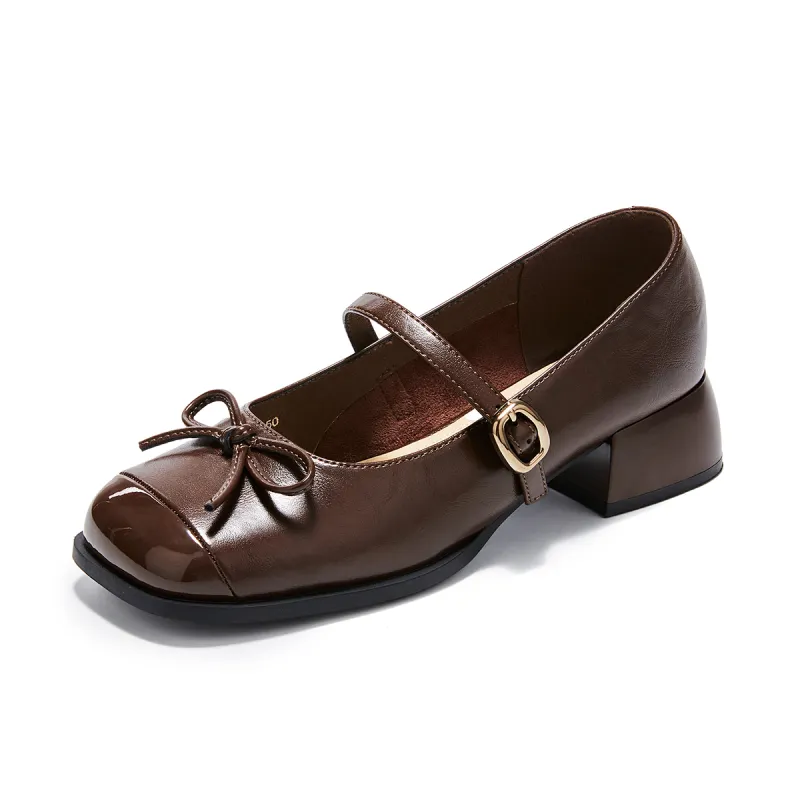 La Chapelle Fashion Bow French Retro JK Sweet Girl Leather Shoes PU Simple, Trendy and Versatile Thick Heel Mary Jane Shoes Medium Heel Women's Brown