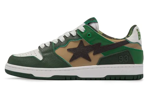 A BATHING APE SK8 STA Leather Stylish Skateboarding Shoes Women's Classic Green