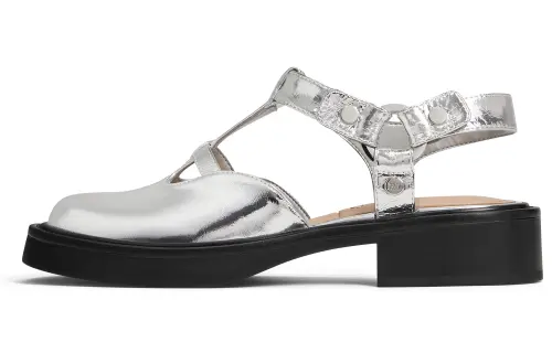 CHARLES&KEITH Small CK Gothic Lolita Style Cow Leather One Strap Sandals 3.6cm Women's Silver/Black